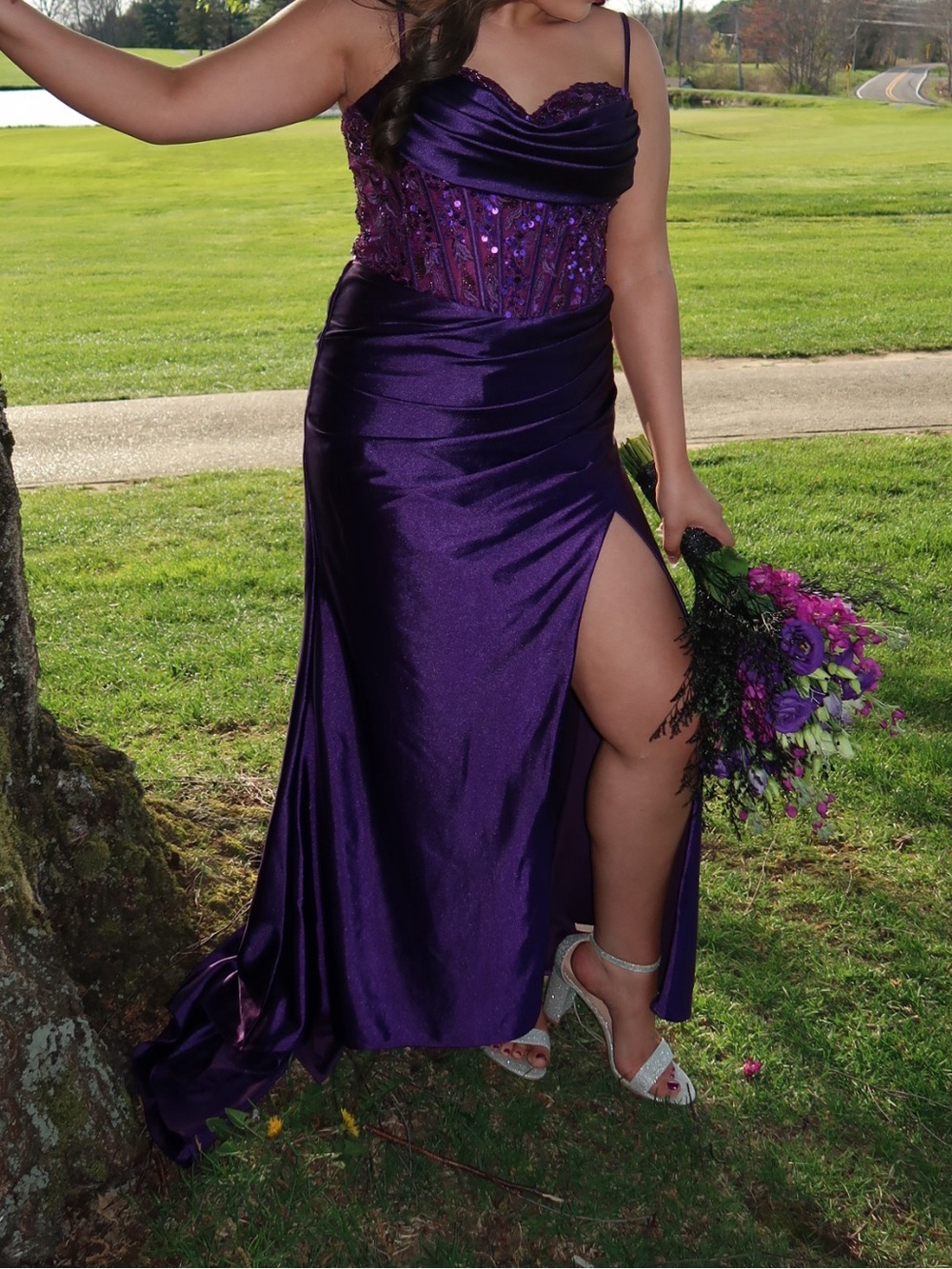 Purple Satin Prom Gown with Beaded Corset and High Slit